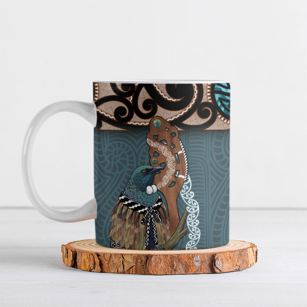 New Zealand Tui Bird Maripi Ceramic Mug Maori Weapon Kowhaiwhai Pattern