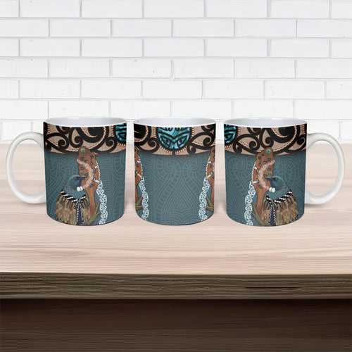 New Zealand Tui Bird Maripi Ceramic Mug Maori Weapon Kowhaiwhai Pattern