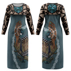 New Zealand Tui Bird Maripi Couples Matching Long Sleeve Bodycon Dress and Hawaiian Shirt Maori Weapon Kowhaiwhai Pattern