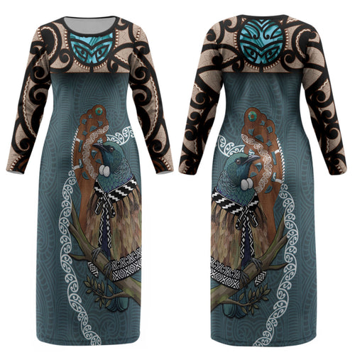 New Zealand Tui Bird Maripi Couples Matching Long Sleeve Bodycon Dress and Hawaiian Shirt Maori Weapon Kowhaiwhai Pattern