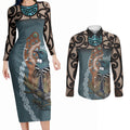 New Zealand Tui Bird Maripi Couples Matching Long Sleeve Bodycon Dress and Long Sleeve Button Shirt Maori Weapon Kowhaiwhai Pattern