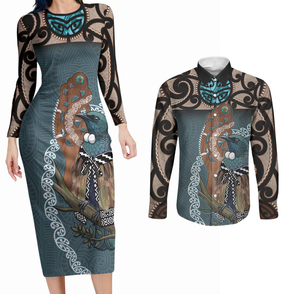 New Zealand Tui Bird Maripi Couples Matching Long Sleeve Bodycon Dress and Long Sleeve Button Shirt Maori Weapon Kowhaiwhai Pattern