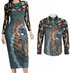 New Zealand Tui Bird Maripi Couples Matching Long Sleeve Bodycon Dress and Long Sleeve Button Shirt Maori Weapon Kowhaiwhai Pattern