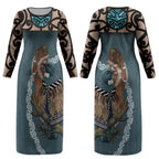 New Zealand Tui Bird Maripi Couples Matching Long Sleeve Bodycon Dress and Long Sleeve Button Shirt Maori Weapon Kowhaiwhai Pattern