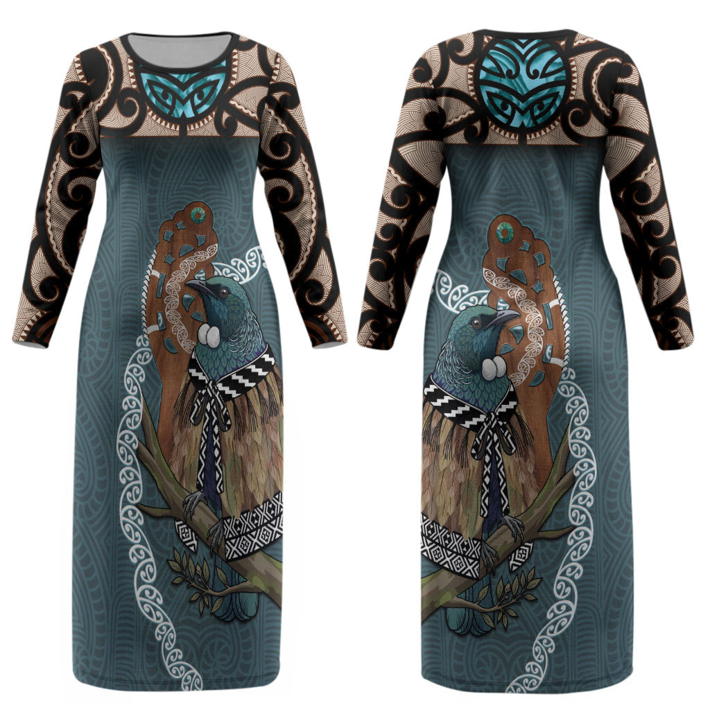 New Zealand Tui Bird Maripi Couples Matching Long Sleeve Bodycon Dress and Long Sleeve Button Shirt Maori Weapon Kowhaiwhai Pattern