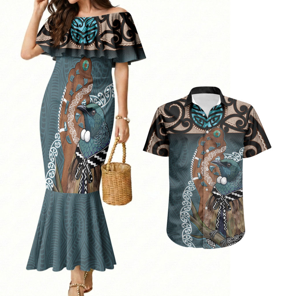 New Zealand Tui Bird Maripi Couples Matching Mermaid Dress and Hawaiian Shirt Maori Weapon Kowhaiwhai Pattern