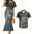 New Zealand Tui Bird Maripi Couples Matching Mermaid Dress and Hawaiian Shirt Maori Weapon Kowhaiwhai Pattern