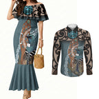 New Zealand Tui Bird Maripi Couples Matching Mermaid Dress and Long Sleeve Button Shirt Maori Weapon Kowhaiwhai Pattern