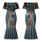 New Zealand Tui Bird Maripi Couples Matching Mermaid Dress and Long Sleeve Button Shirt Maori Weapon Kowhaiwhai Pattern