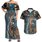 New Zealand Tui Bird Maripi Couples Matching Off Shoulder Maxi Dress and Hawaiian Shirt Maori Weapon Kowhaiwhai Pattern