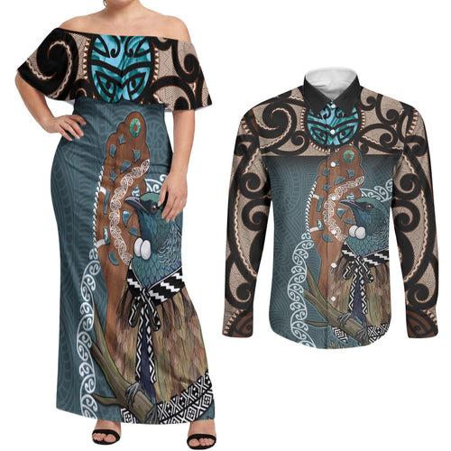 New Zealand Tui Bird Maripi Couples Matching Off Shoulder Maxi Dress and Long Sleeve Button Shirt Maori Weapon Kowhaiwhai Pattern