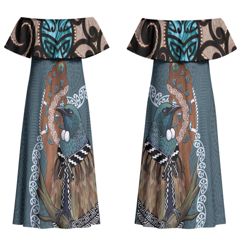 New Zealand Tui Bird Maripi Couples Matching Off Shoulder Maxi Dress and Long Sleeve Button Shirt Maori Weapon Kowhaiwhai Pattern