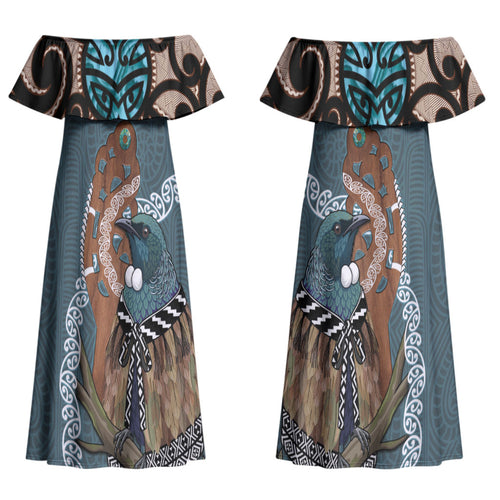 New Zealand Tui Bird Maripi Couples Matching Off Shoulder Maxi Dress and Long Sleeve Button Shirt Maori Weapon Kowhaiwhai Pattern