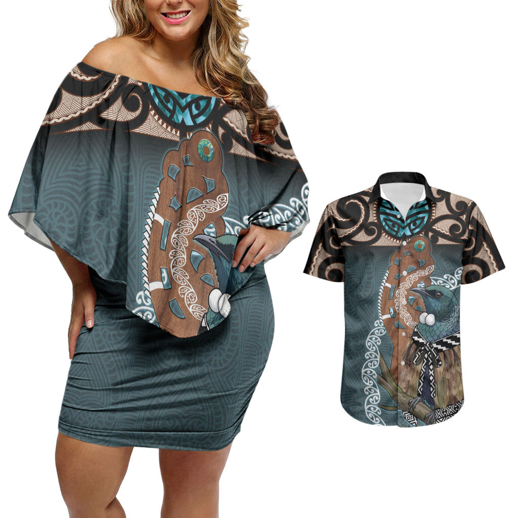 New Zealand Tui Bird Maripi Couples Matching Off Shoulder Short Dress and Hawaiian Shirt Maori Weapon Kowhaiwhai Pattern