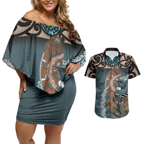 New Zealand Tui Bird Maripi Couples Matching Off Shoulder Short Dress and Hawaiian Shirt Maori Weapon Kowhaiwhai Pattern