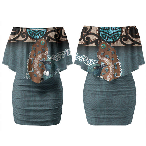 New Zealand Tui Bird Maripi Couples Matching Off Shoulder Short Dress and Hawaiian Shirt Maori Weapon Kowhaiwhai Pattern