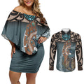 New Zealand Tui Bird Maripi Couples Matching Off Shoulder Short Dress and Long Sleeve Button Shirt Maori Weapon Kowhaiwhai Pattern