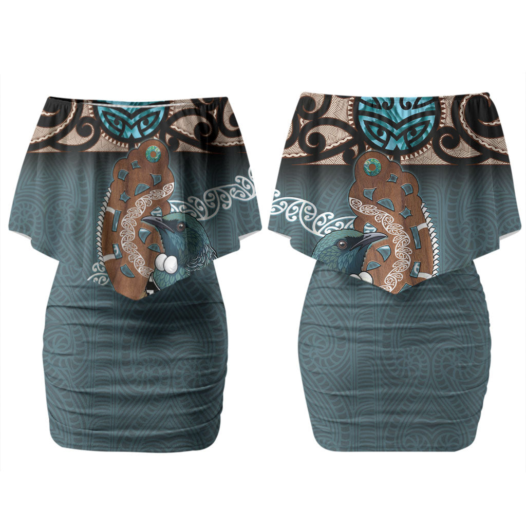 New Zealand Tui Bird Maripi Couples Matching Off Shoulder Short Dress and Long Sleeve Button Shirt Maori Weapon Kowhaiwhai Pattern
