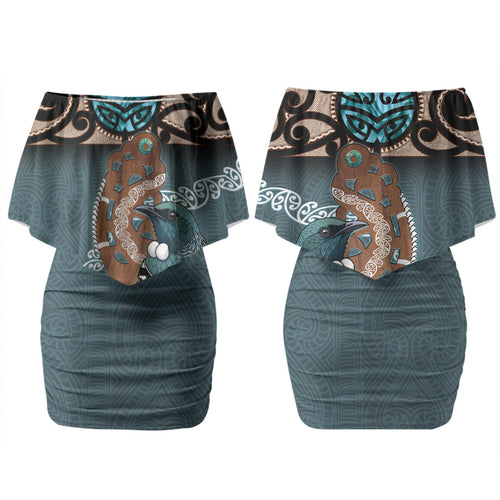 New Zealand Tui Bird Maripi Couples Matching Off Shoulder Short Dress and Long Sleeve Button Shirt Maori Weapon Kowhaiwhai Pattern