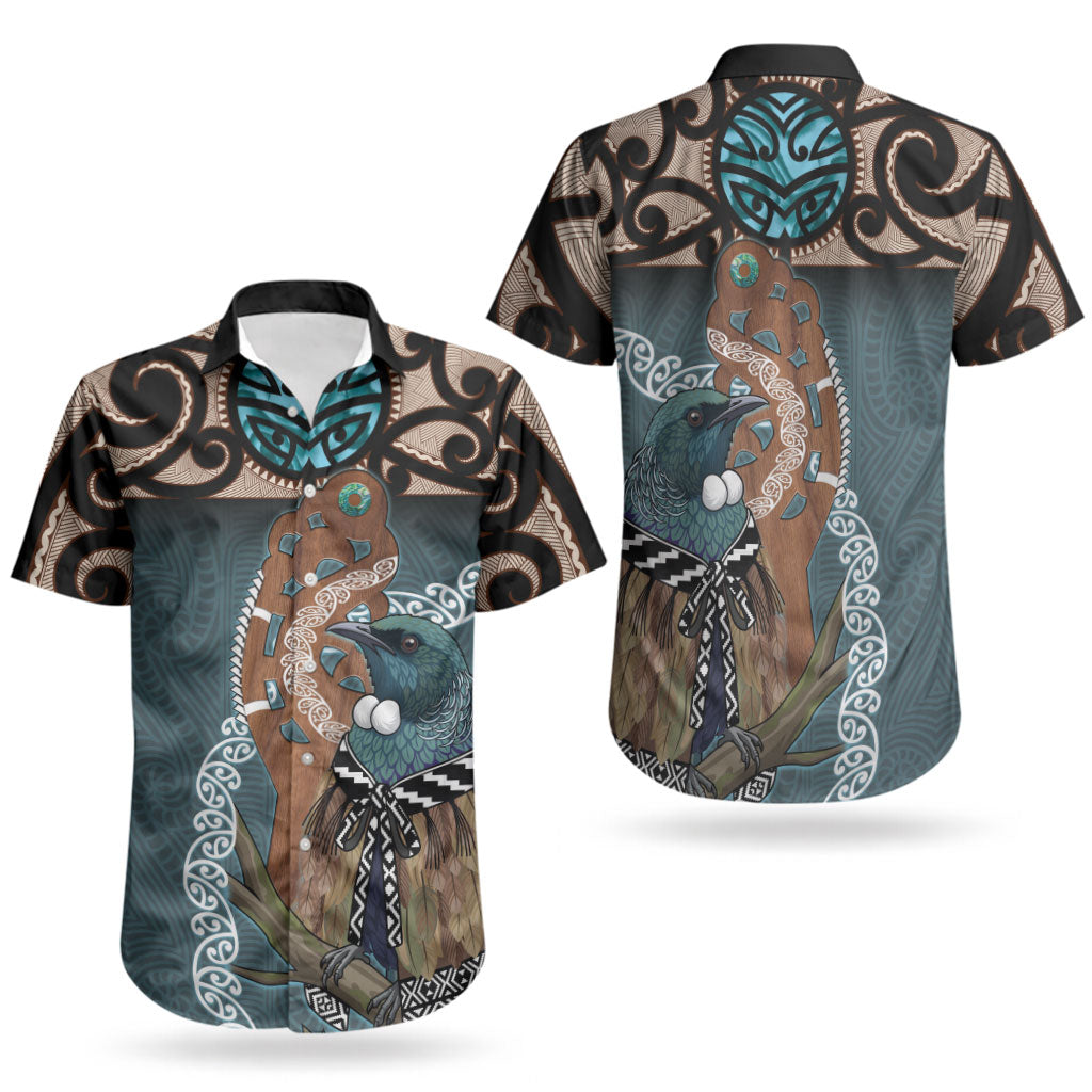 New Zealand Tui Bird Maripi Couples Matching Off The Shoulder Long Sleeve Dress and Hawaiian Shirt Maori Weapon Kowhaiwhai Pattern