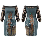 New Zealand Tui Bird Maripi Couples Matching Off The Shoulder Long Sleeve Dress and Hawaiian Shirt Maori Weapon Kowhaiwhai Pattern