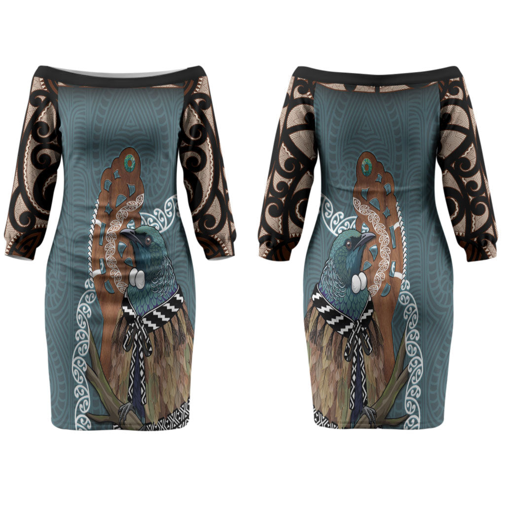New Zealand Tui Bird Maripi Couples Matching Off The Shoulder Long Sleeve Dress and Hawaiian Shirt Maori Weapon Kowhaiwhai Pattern