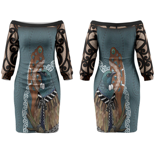 New Zealand Tui Bird Maripi Couples Matching Off The Shoulder Long Sleeve Dress and Hawaiian Shirt Maori Weapon Kowhaiwhai Pattern