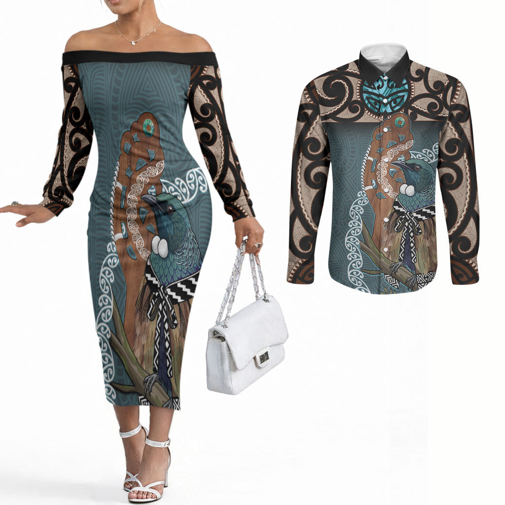 New Zealand Tui Bird Maripi Couples Matching Off The Shoulder Long Sleeve Dress and Long Sleeve Button Shirt Maori Weapon Kowhaiwhai Pattern