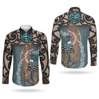 New Zealand Tui Bird Maripi Couples Matching Off The Shoulder Long Sleeve Dress and Long Sleeve Button Shirt Maori Weapon Kowhaiwhai Pattern