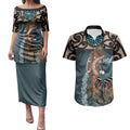 New Zealand Tui Bird Maripi Couples Matching Puletasi and Hawaiian Shirt Maori Weapon Kowhaiwhai Pattern