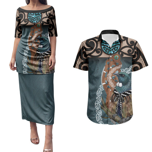 New Zealand Tui Bird Maripi Couples Matching Puletasi and Hawaiian Shirt Maori Weapon Kowhaiwhai Pattern