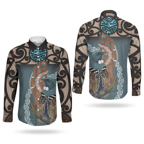 New Zealand Tui Bird Maripi Couples Matching Puletasi and Long Sleeve Button Shirt Maori Weapon Kowhaiwhai Pattern