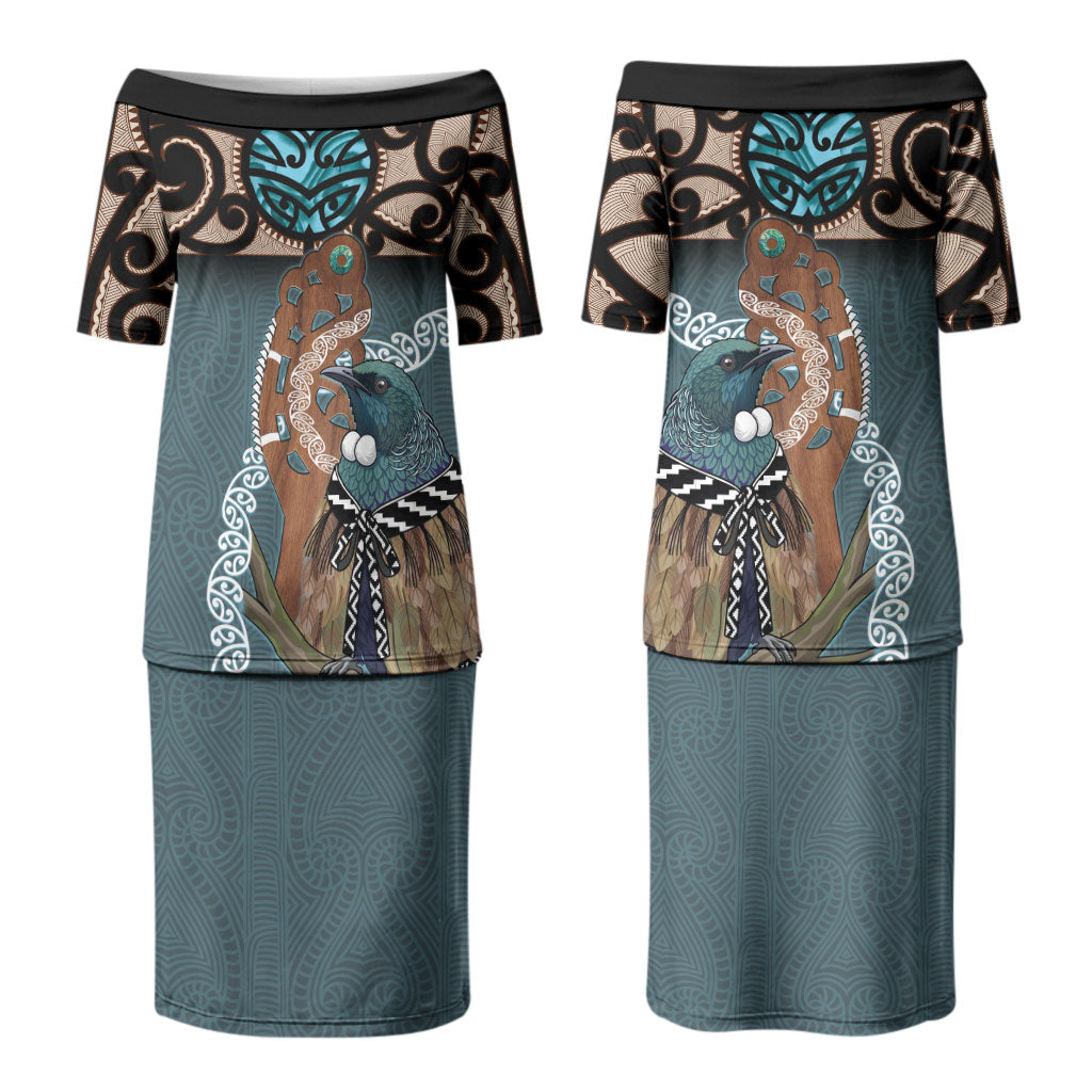 New Zealand Tui Bird Maripi Couples Matching Puletasi and Long Sleeve Button Shirt Maori Weapon Kowhaiwhai Pattern