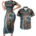 New Zealand Tui Bird Maripi Couples Matching Short Sleeve Bodycon Dress and Hawaiian Shirt Maori Weapon Kowhaiwhai Pattern