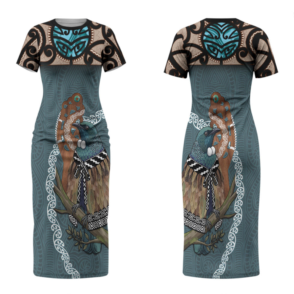 New Zealand Tui Bird Maripi Couples Matching Short Sleeve Bodycon Dress and Hawaiian Shirt Maori Weapon Kowhaiwhai Pattern