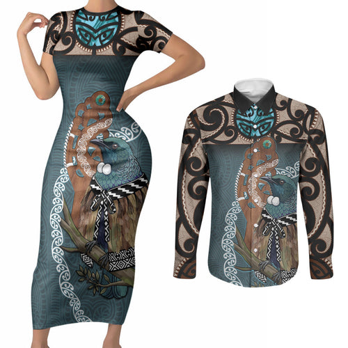 New Zealand Tui Bird Maripi Couples Matching Short Sleeve Bodycon Dress and Long Sleeve Button Shirt Maori Weapon Kowhaiwhai Pattern