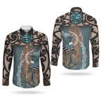 New Zealand Tui Bird Maripi Couples Matching Short Sleeve Bodycon Dress and Long Sleeve Button Shirt Maori Weapon Kowhaiwhai Pattern