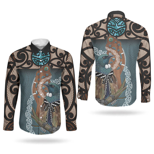New Zealand Tui Bird Maripi Couples Matching Short Sleeve Bodycon Dress and Long Sleeve Button Shirt Maori Weapon Kowhaiwhai Pattern