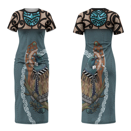 New Zealand Tui Bird Maripi Couples Matching Short Sleeve Bodycon Dress and Long Sleeve Button Shirt Maori Weapon Kowhaiwhai Pattern