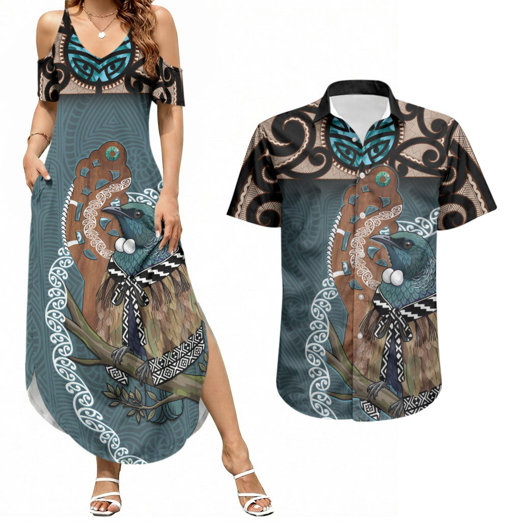 New Zealand Tui Bird Maripi Couples Matching Summer Maxi Dress and Hawaiian Shirt Maori Weapon Kowhaiwhai Pattern
