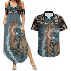 New Zealand Tui Bird Maripi Couples Matching Summer Maxi Dress and Hawaiian Shirt Maori Weapon Kowhaiwhai Pattern