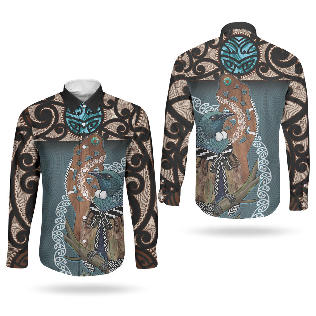 New Zealand Tui Bird Maripi Couples Matching Summer Maxi Dress and Long Sleeve Button Shirt Maori Weapon Kowhaiwhai Pattern