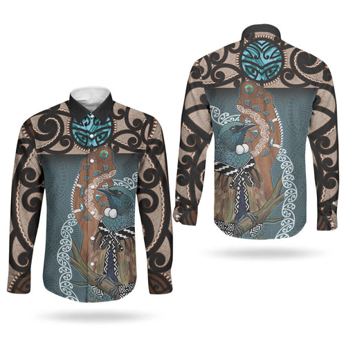 New Zealand Tui Bird Maripi Couples Matching Summer Maxi Dress and Long Sleeve Button Shirt Maori Weapon Kowhaiwhai Pattern