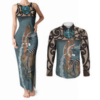 New Zealand Tui Bird Maripi Couples Matching Tank Maxi Dress and Long Sleeve Button Shirt Maori Weapon Kowhaiwhai Pattern