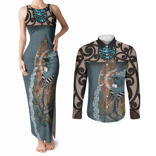 New Zealand Tui Bird Maripi Couples Matching Tank Maxi Dress and Long Sleeve Button Shirt Maori Weapon Kowhaiwhai Pattern