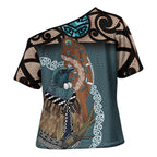 New Zealand Tui Bird Maripi Cross Shoulder Shirt Maori Weapon Kowhaiwhai Pattern
