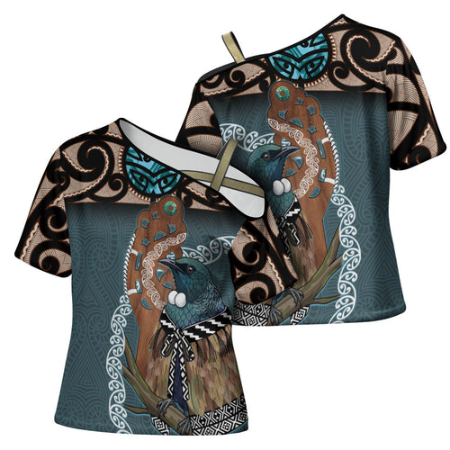 New Zealand Tui Bird Maripi Cross Shoulder Shirt Maori Weapon Kowhaiwhai Pattern