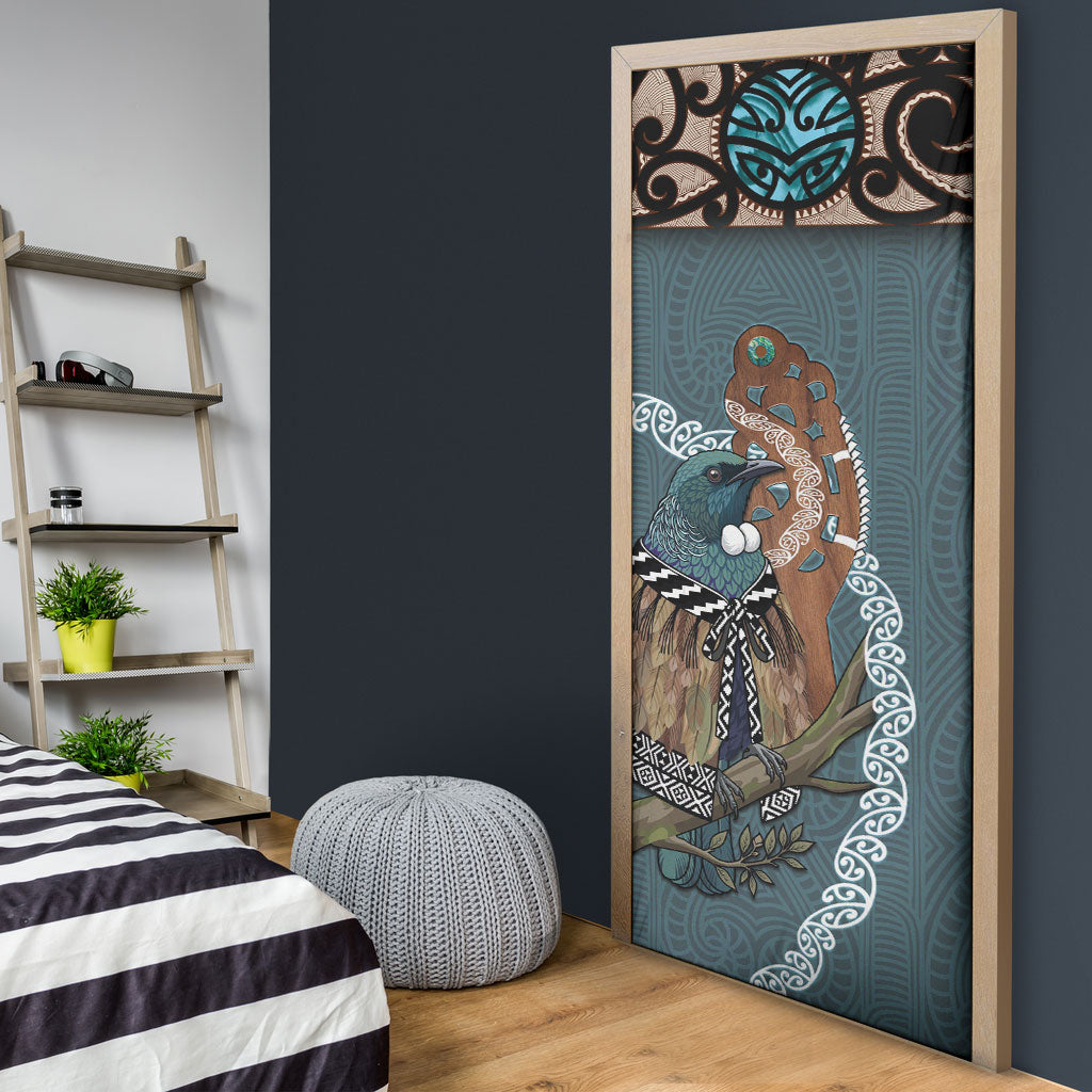 New Zealand Tui Bird Maripi Door Cover Maori Weapon Kowhaiwhai Pattern