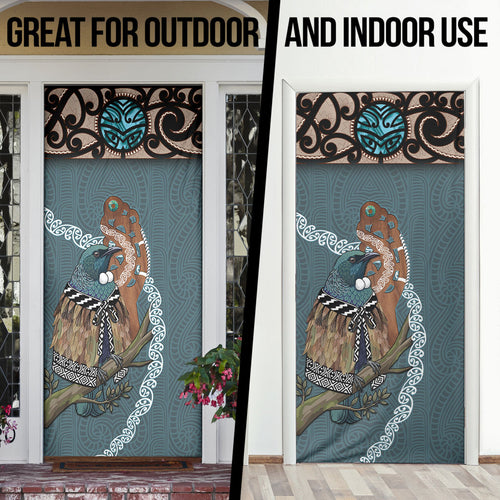 New Zealand Tui Bird Maripi Door Cover Maori Weapon Kowhaiwhai Pattern