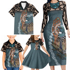 New Zealand Tui Bird Maripi Family Matching Long Sleeve Bodycon Dress and Hawaiian Shirt Maori Weapon Kowhaiwhai Pattern